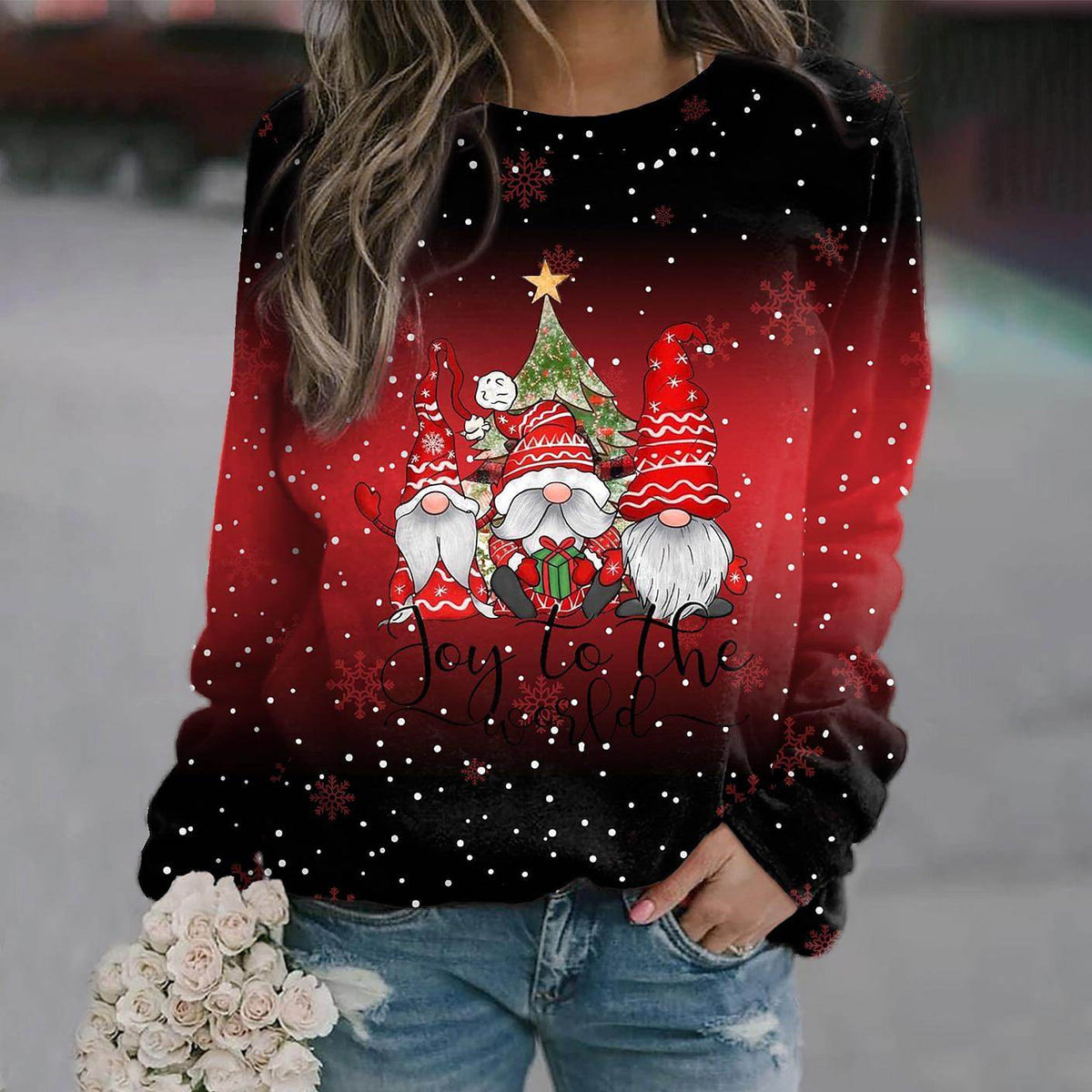 Women's Festive Gnome Print Crew Neck Holiday Sweatshirt