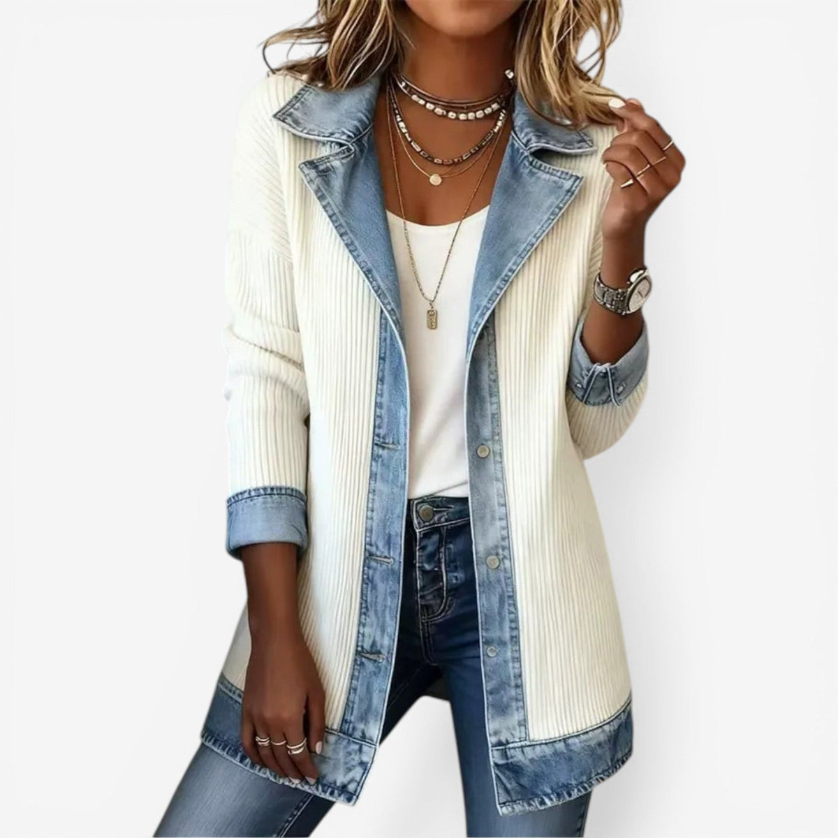 Women's Denim-Inspired Knit Jacket with Layered Collar