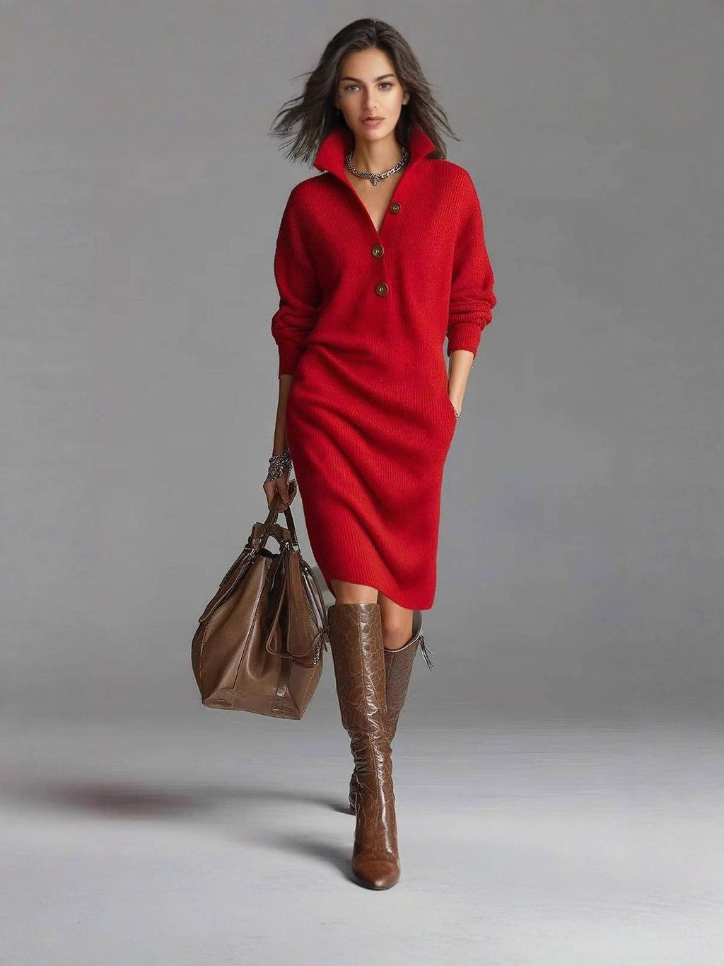 Women's Buttoned Stand Collar Ribbed Knit Pocket Sweater Dress