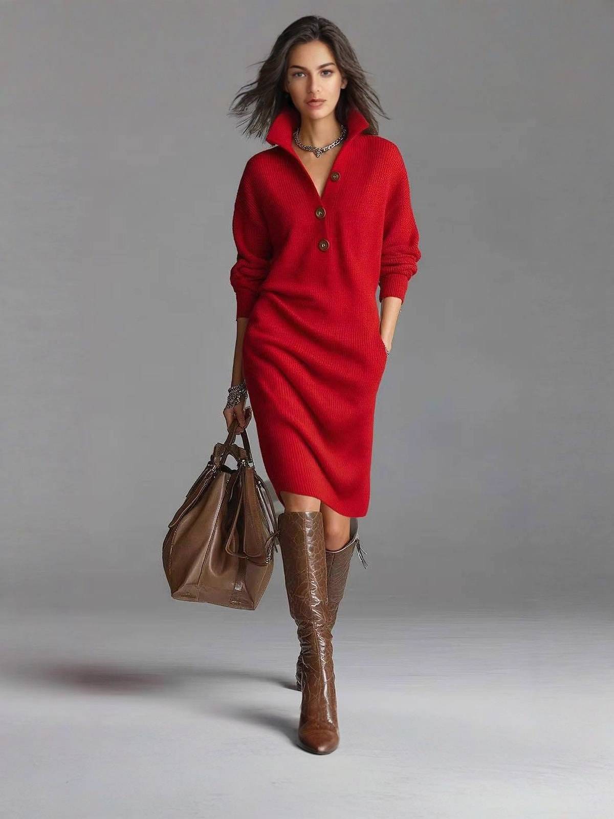Women's Buttoned Stand Collar Ribbed Knit Pocket Sweater Dress