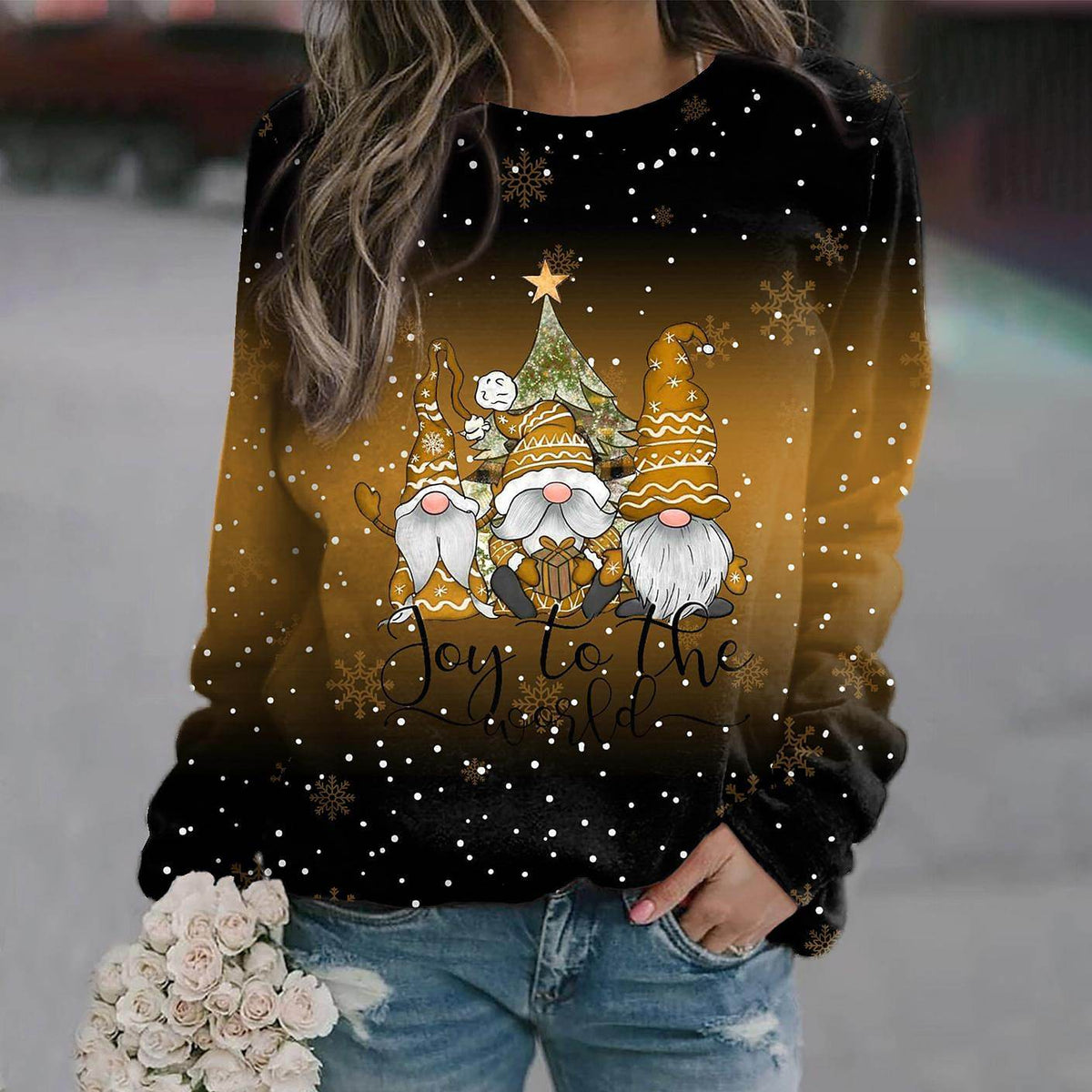 Women's Festive Gnome Print Crew Neck Holiday Sweatshirt