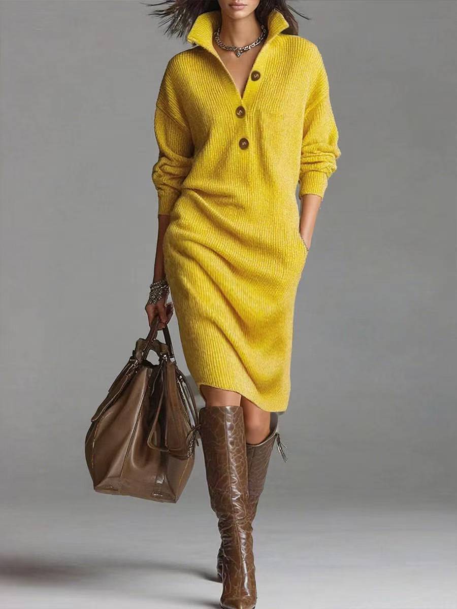 Women's Buttoned Stand Collar Ribbed Knit Pocket Sweater Dress