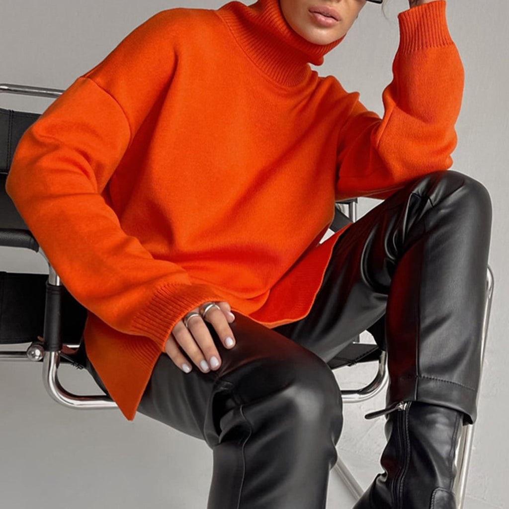 Women's Turtleneck Knit Pullover with Side Slits