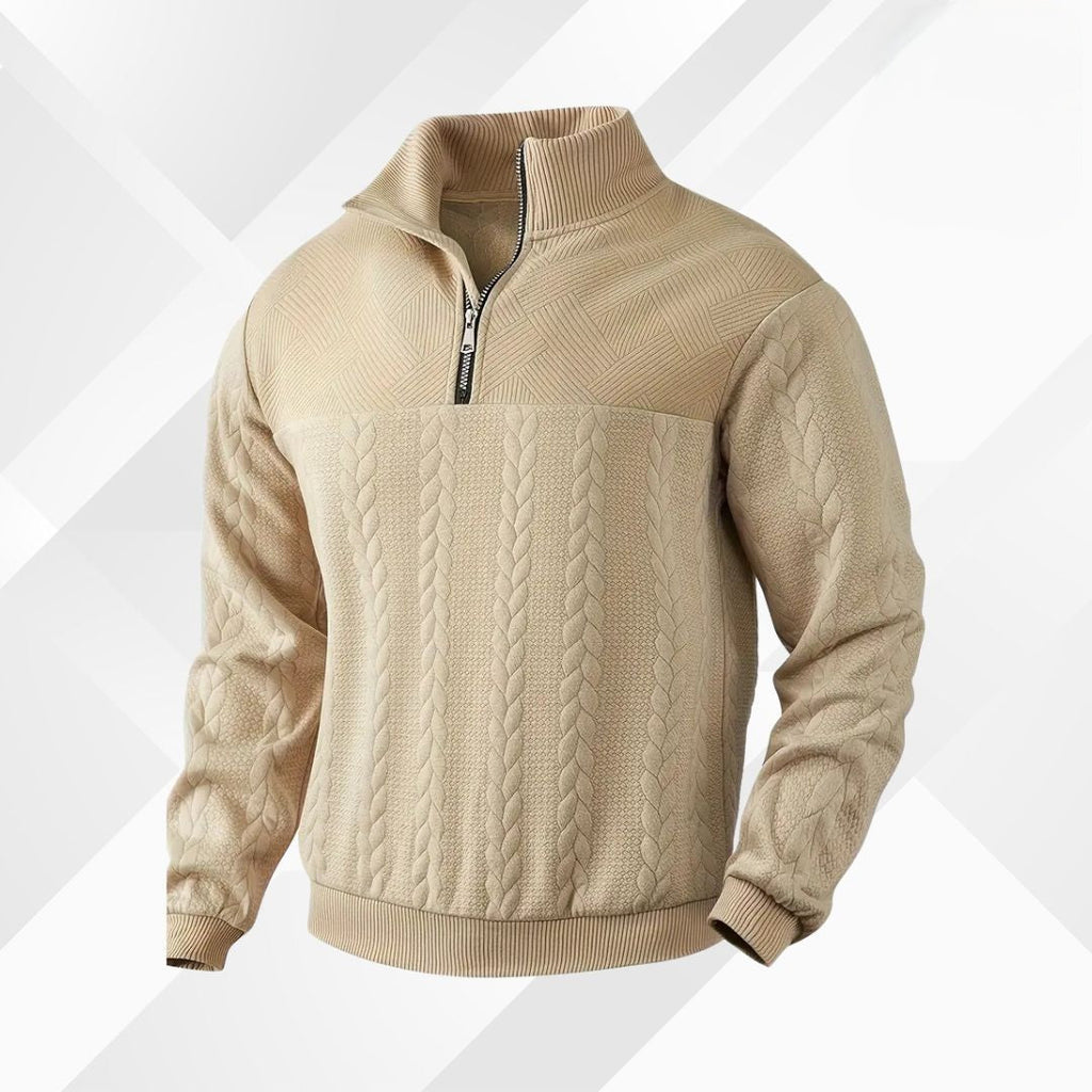 Men's Adjustable Half-Zip Cable Knit Pullover with Textured Yoke