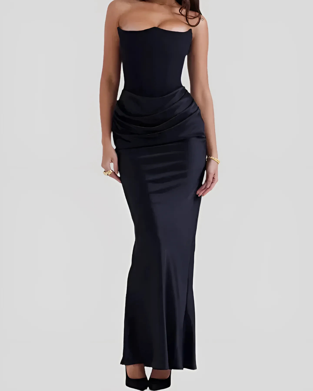 Women's Draped Corset Bodice Strapless Maxi Dress