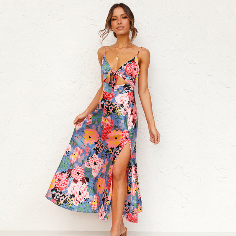 Women's Tie-Front Bow Floral Summer Maxi Dress