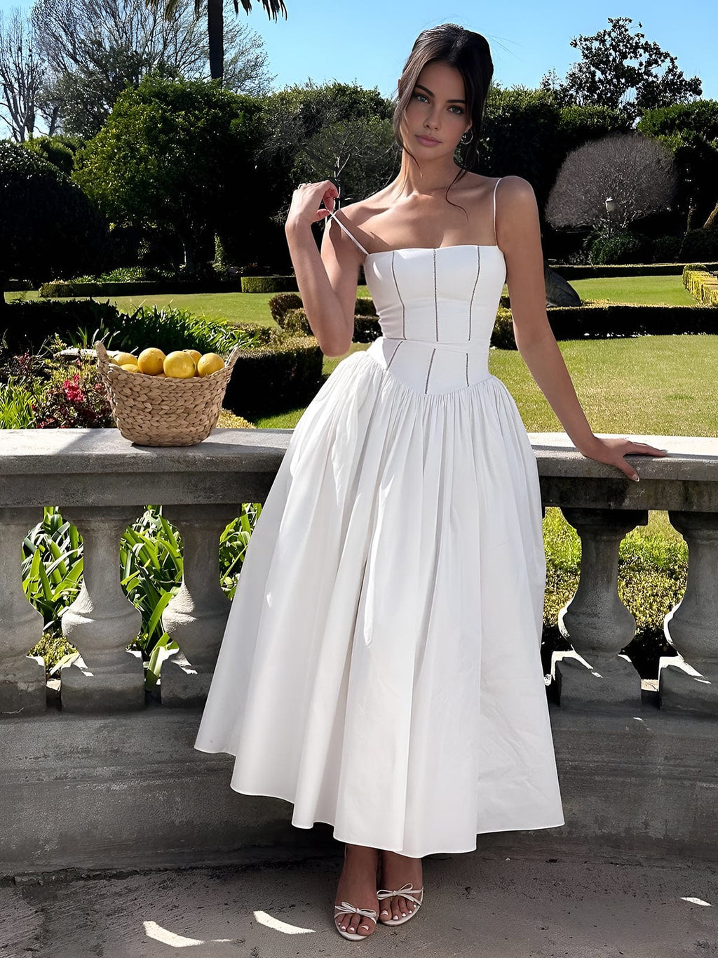 Women's Boned Bodice Full Skirt Corset Midi Dress