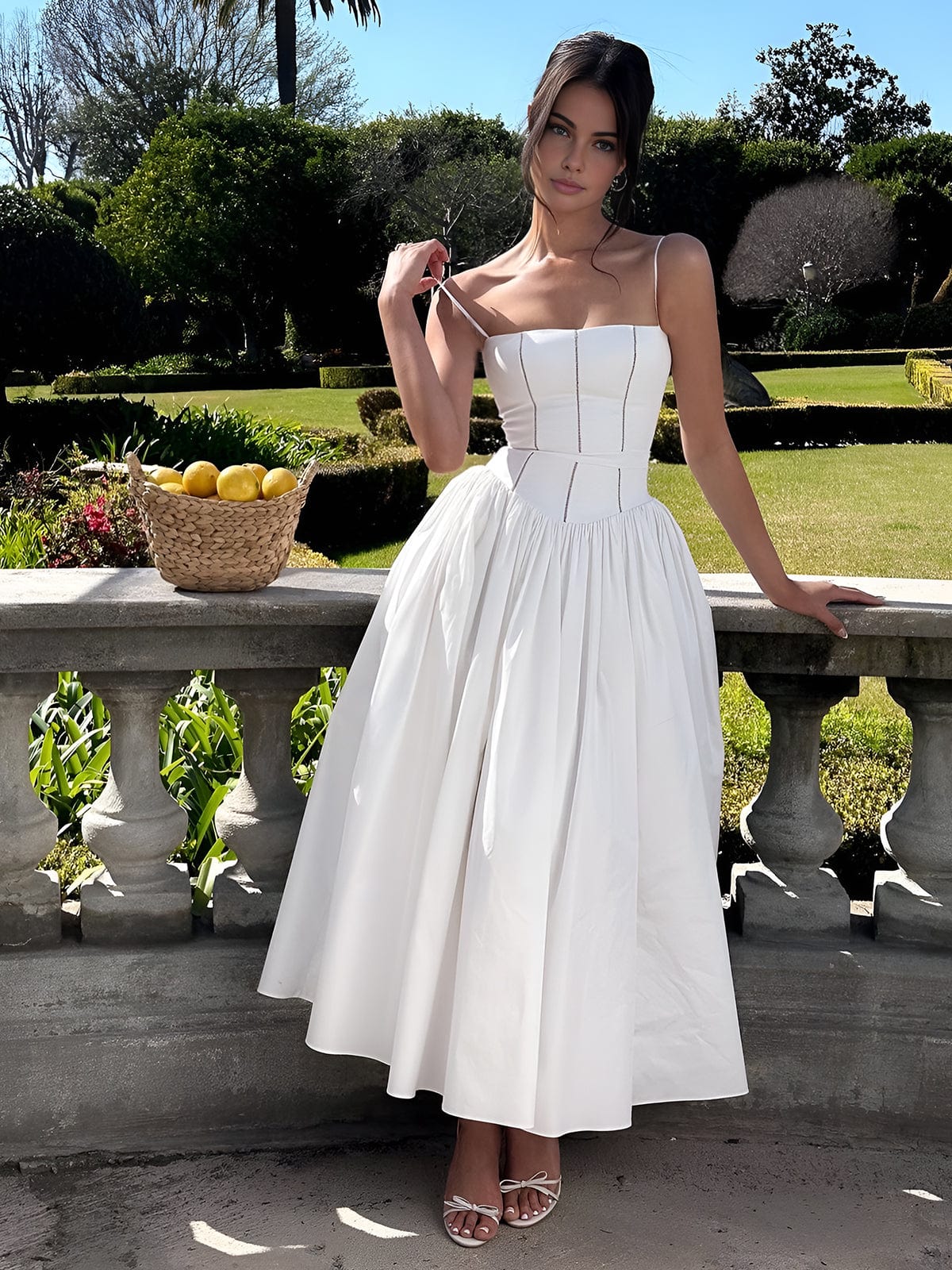 Women's Boned Bodice Full Skirt Corset Midi Dress