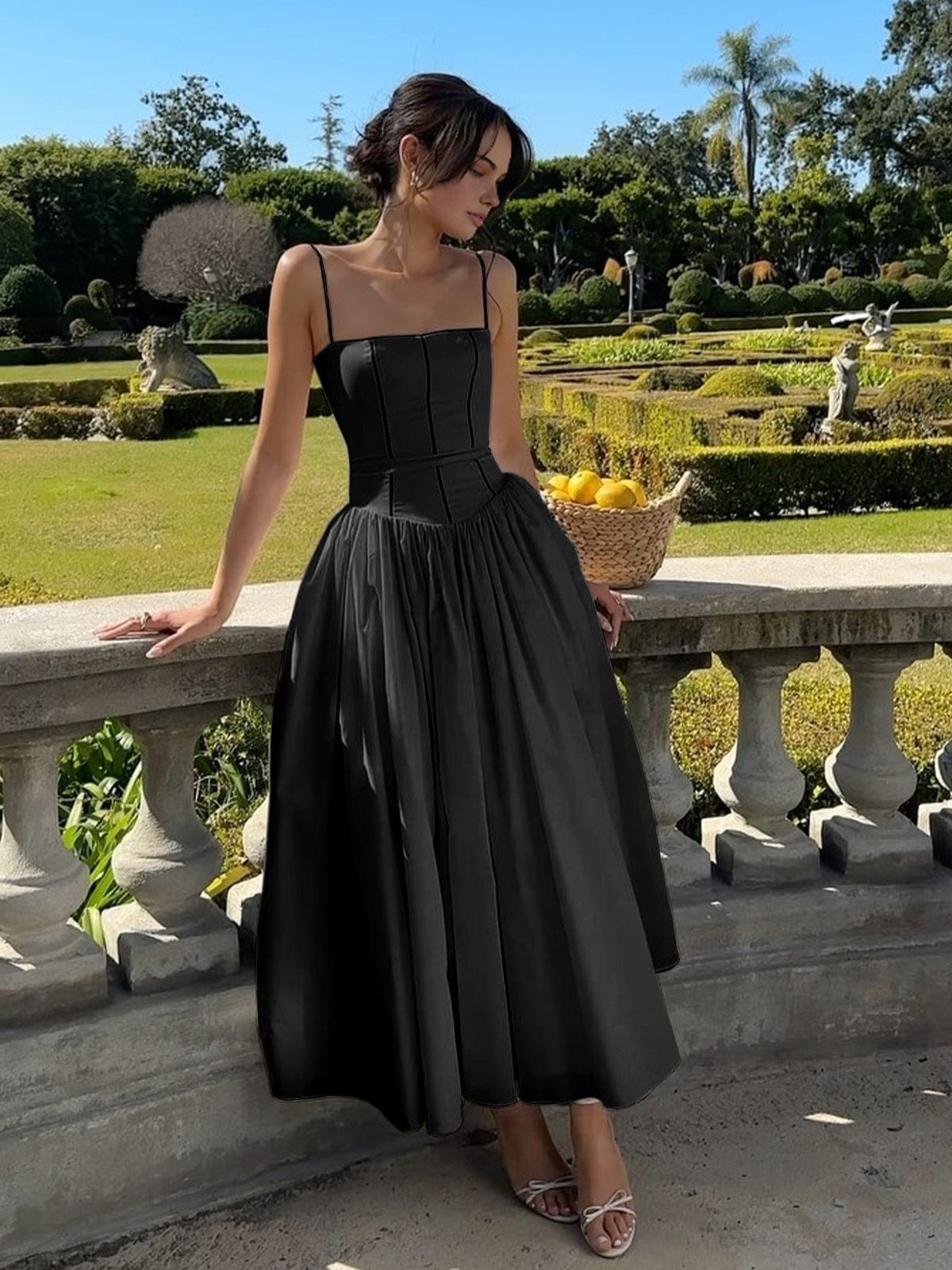 Women's Boned Bodice Full Skirt Corset Midi Dress