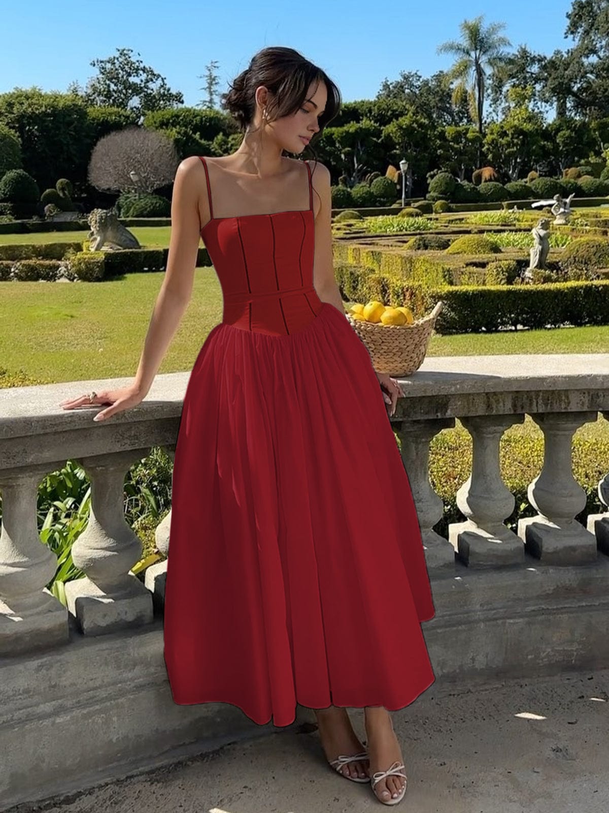 Women's Boned Bodice Full Skirt Corset Midi Dress