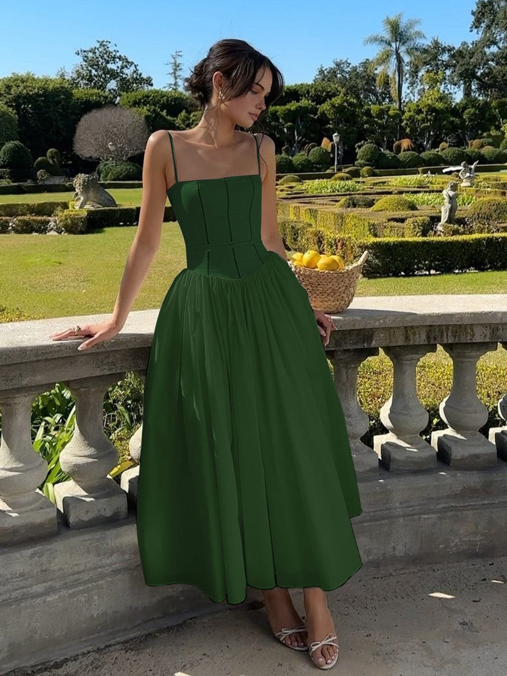 Women's Boned Bodice Full Skirt Corset Midi Dress