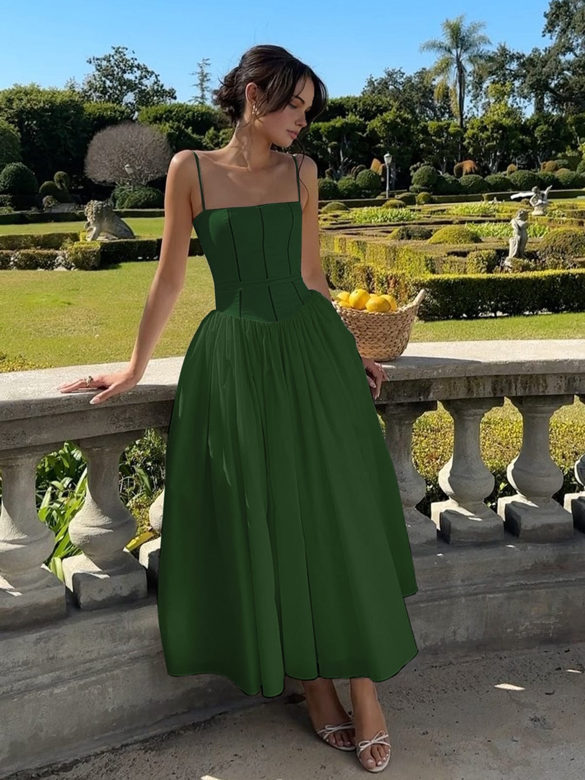 Women's Boned Bodice Full Skirt Corset Midi Dress