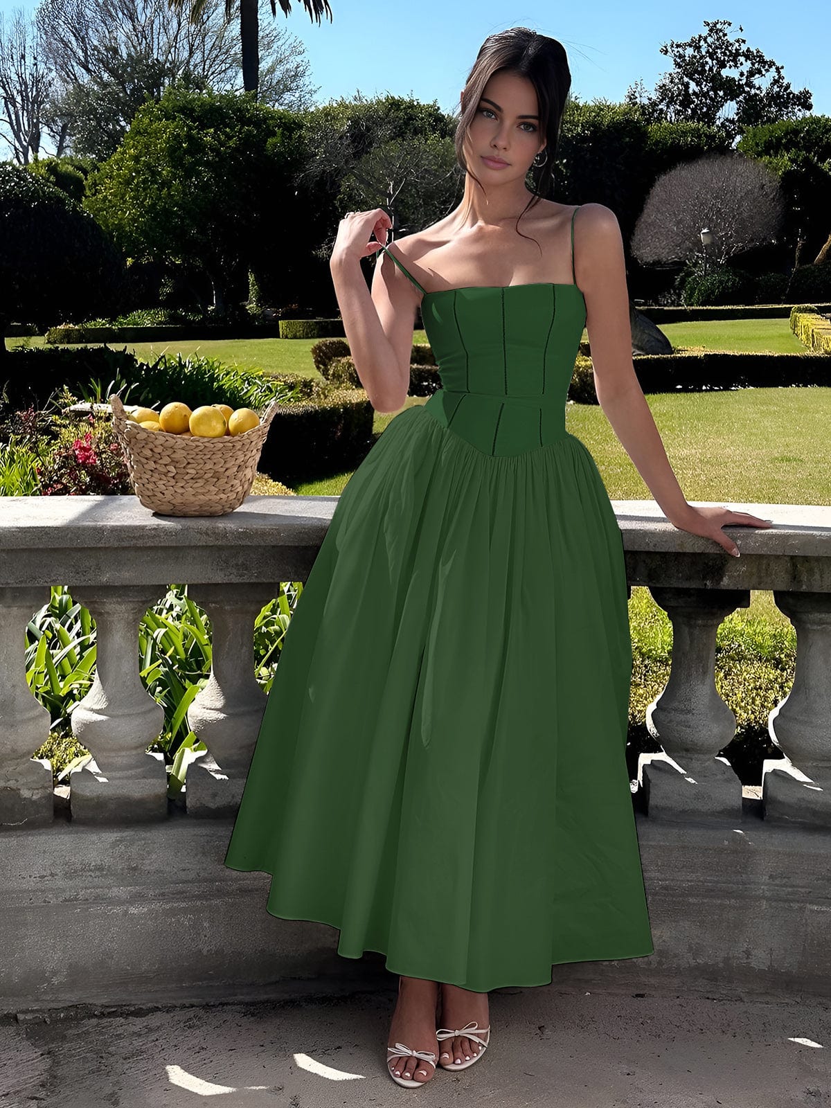 Women's Boned Bodice Full Skirt Corset Midi Dress