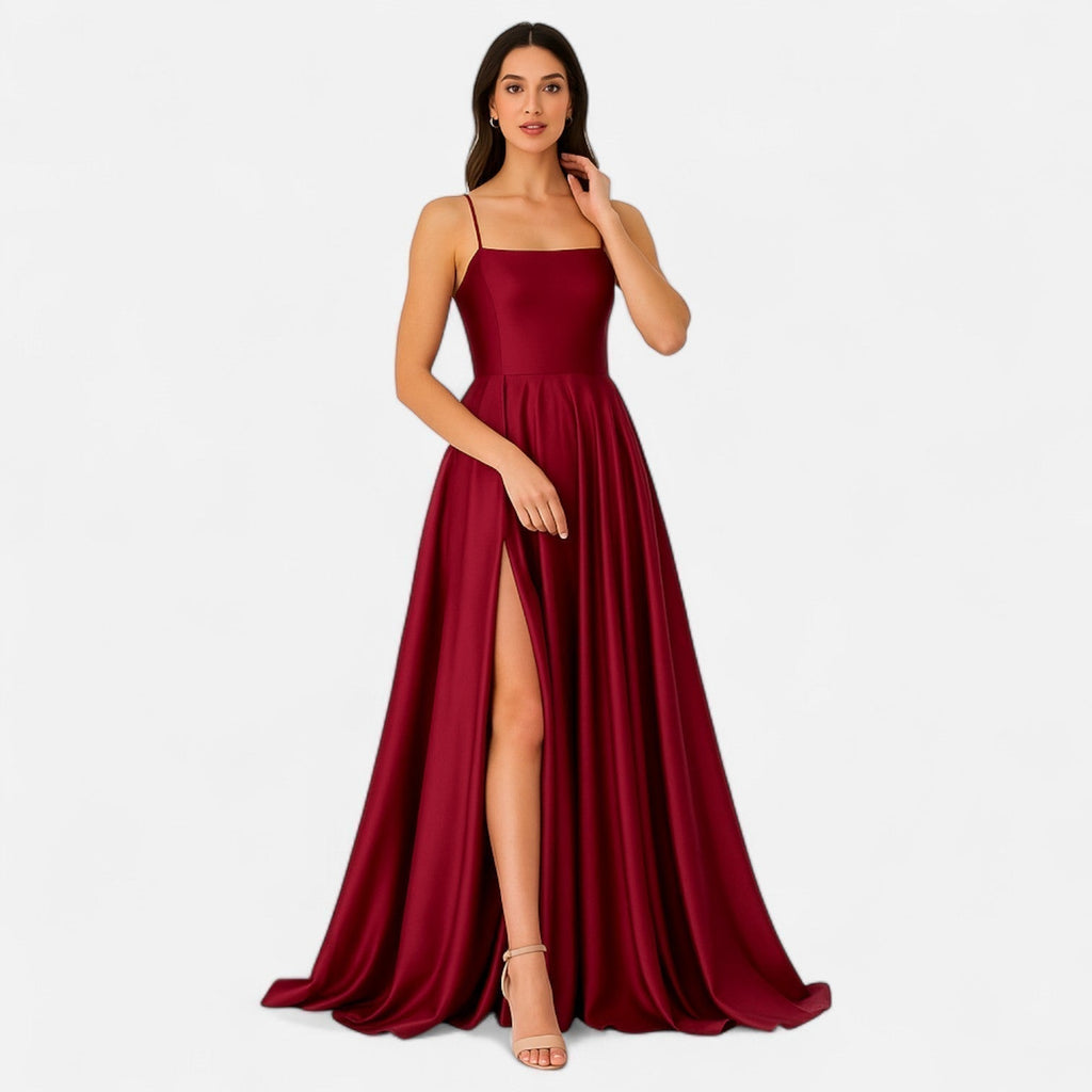 Women's A-Line Satin Formal Gown with Slit
