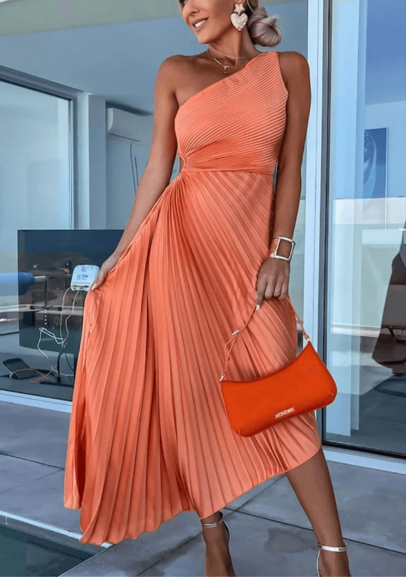 Women's One-Shoulder Accordion Pleated Wedding Guest Maxi Dress