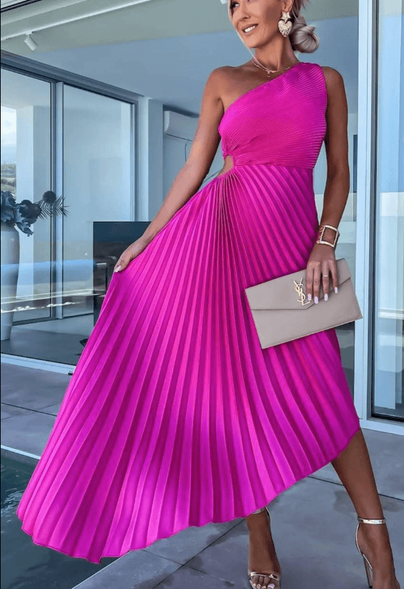 Women's One-Shoulder Accordion Pleated Wedding Guest Maxi Dress