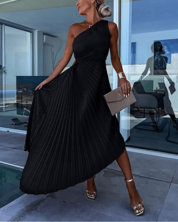 Women's One-Shoulder Accordion Pleated Wedding Guest Maxi Dress