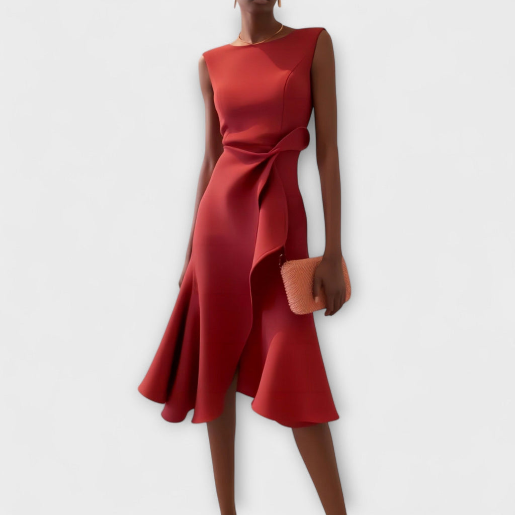 Women's Draped Asymmetric Hem Cocktail Midi Dress