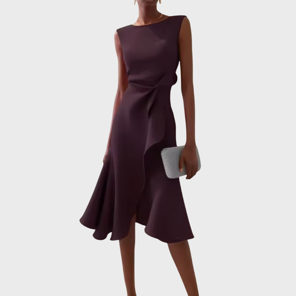 Women's Draped Asymmetric Hem Cocktail Midi Dress
