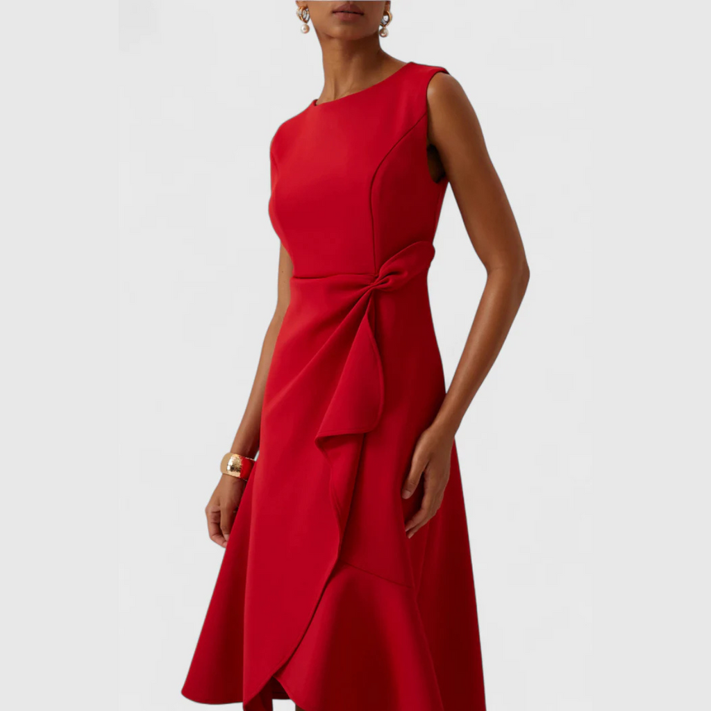 Women's Draped Asymmetric Hem Cocktail Midi Dress