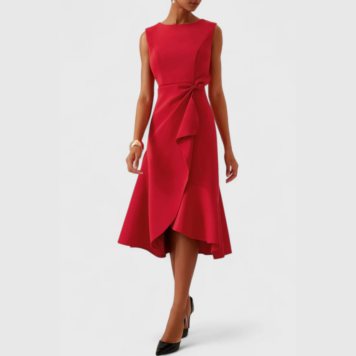 Women's Draped Asymmetric Hem Cocktail Midi Dress