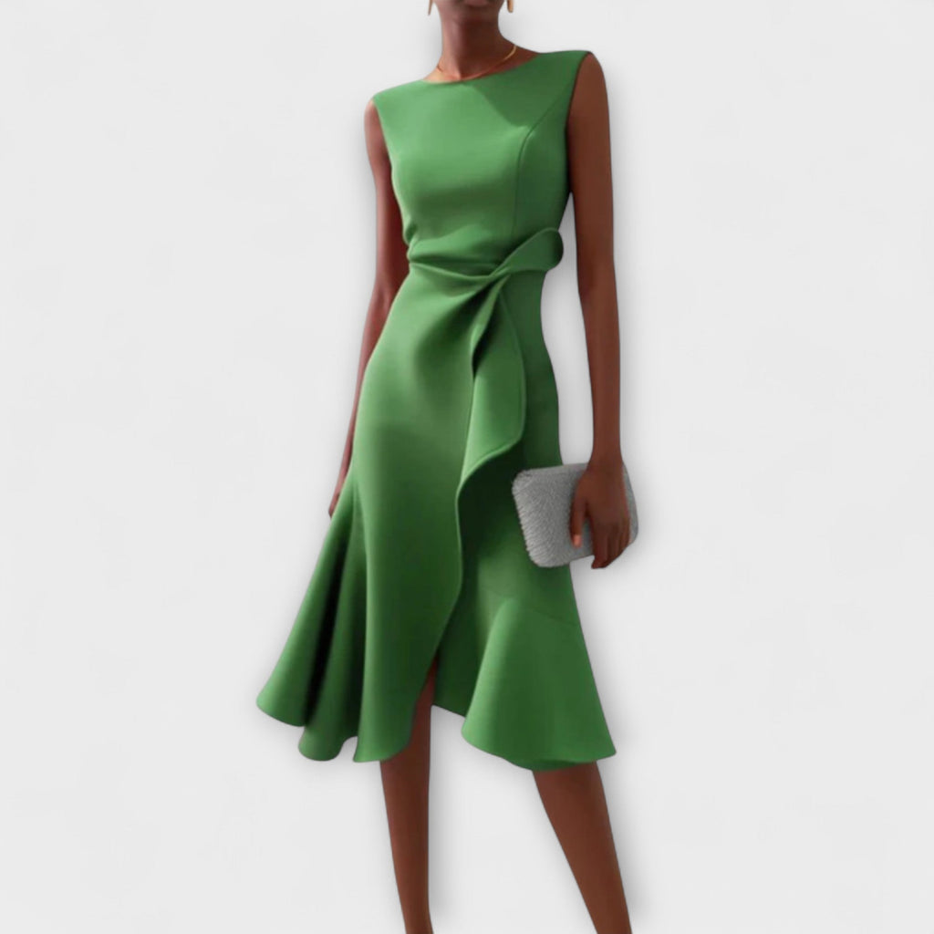 Women's Draped Asymmetric Hem Cocktail Midi Dress