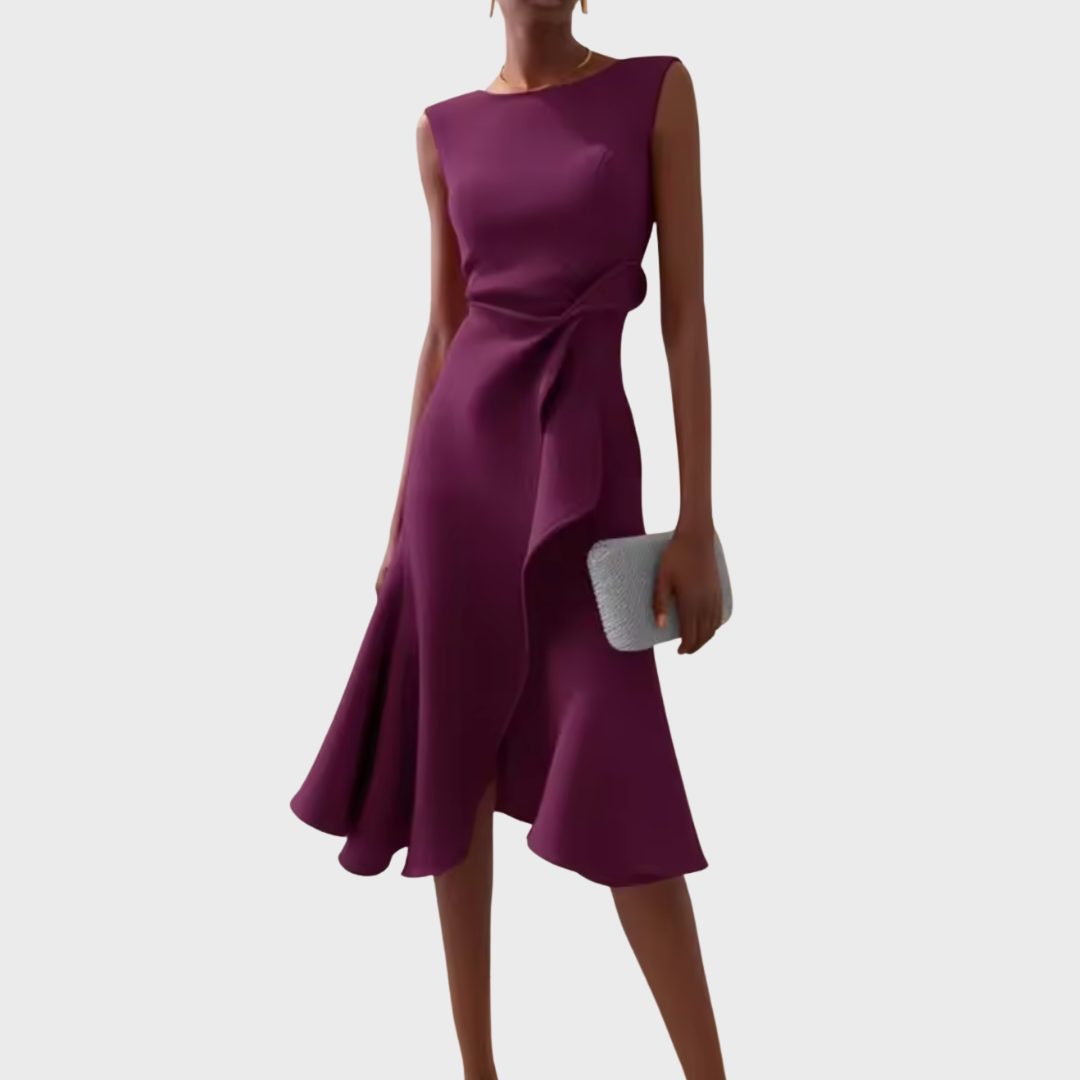 Women's Draped Asymmetric Hem Cocktail Midi Dress