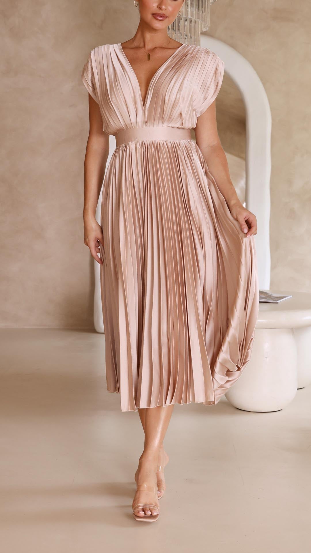 Women's Accordion Pleated V-Neck Wedding Guest Midi Dress