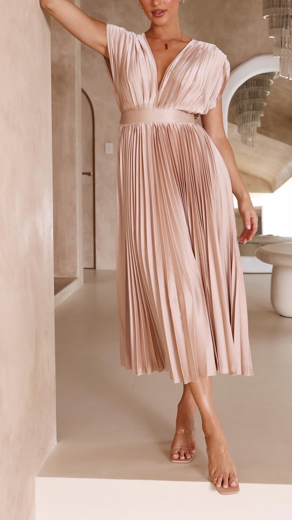 Women's Accordion Pleated V-Neck Wedding Guest Midi Dress