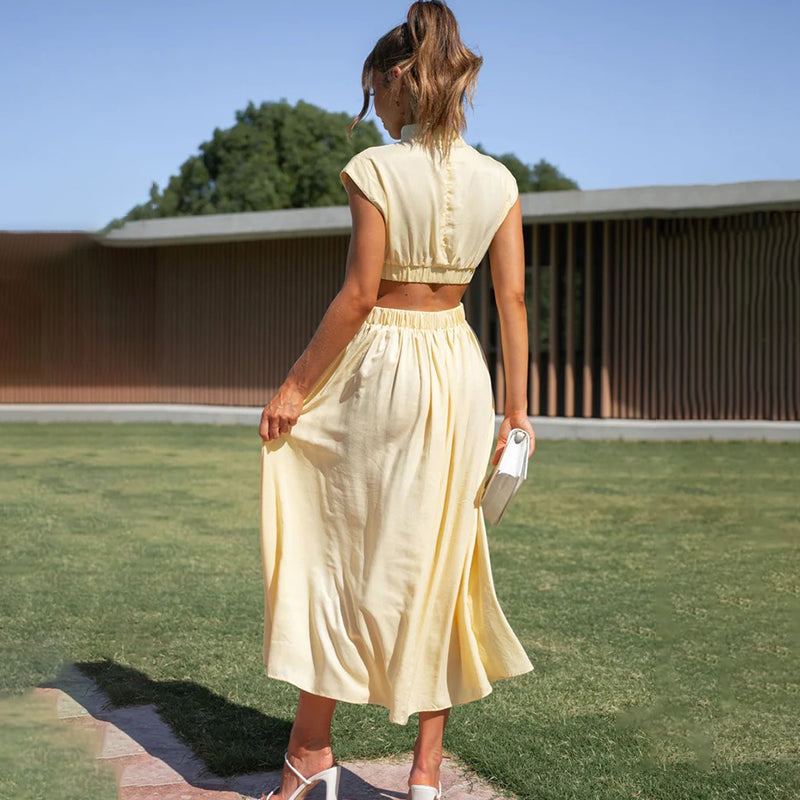 Women's High Neckline Side Cutout Summer Midi Dress
