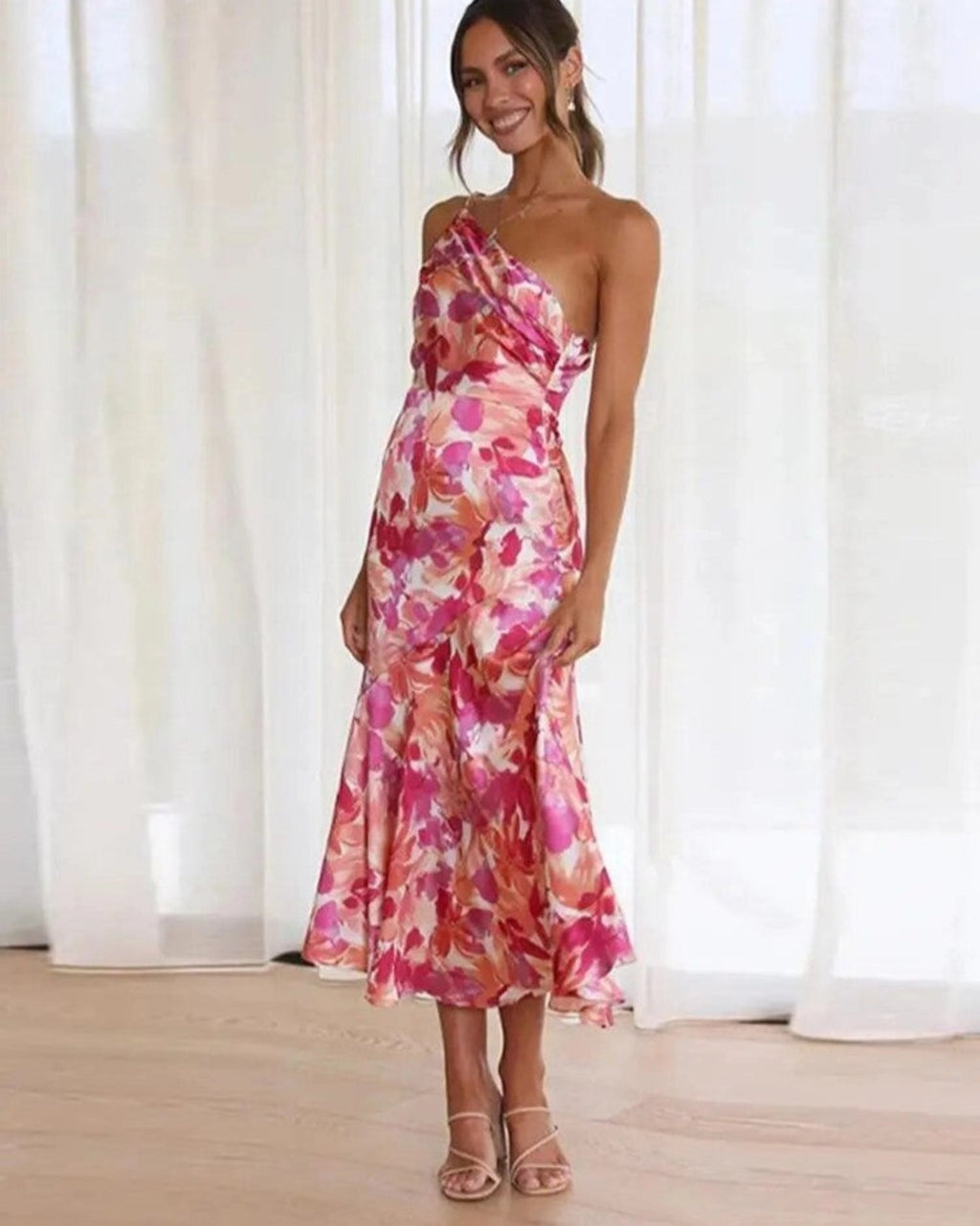 Women's Elegant Floral Maxi Dress with One Shoulder Design