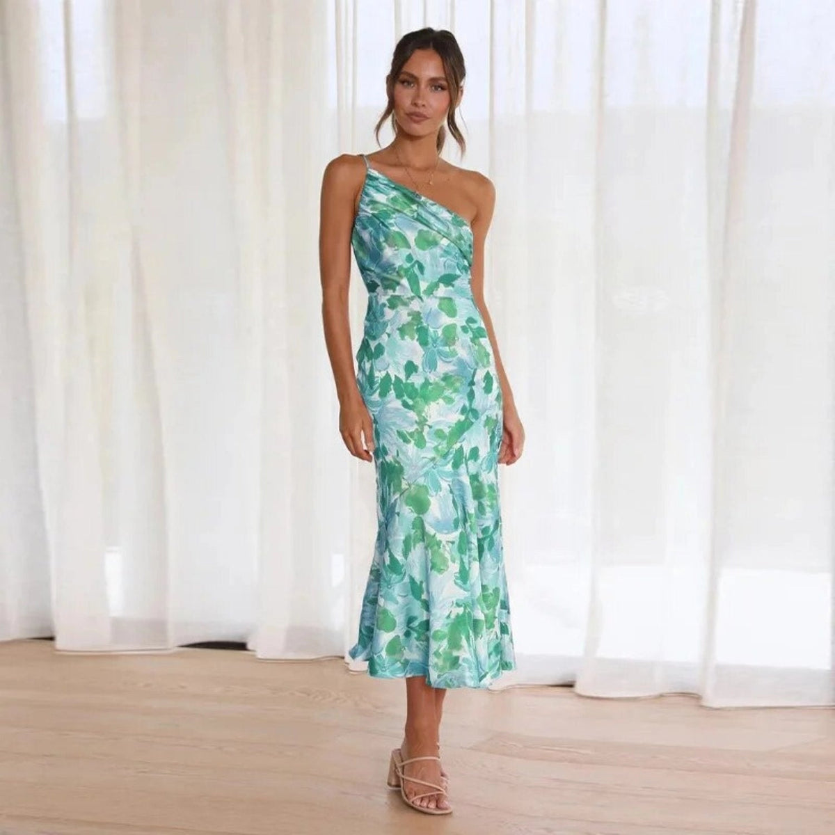 Women's Elegant Floral Maxi Dress with One Shoulder Design