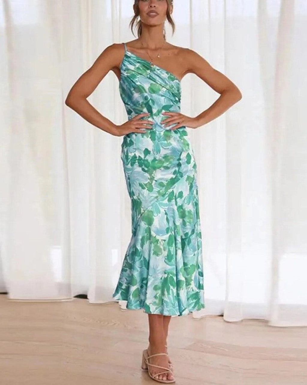 Women's Elegant Floral Maxi Dress with One Shoulder Design