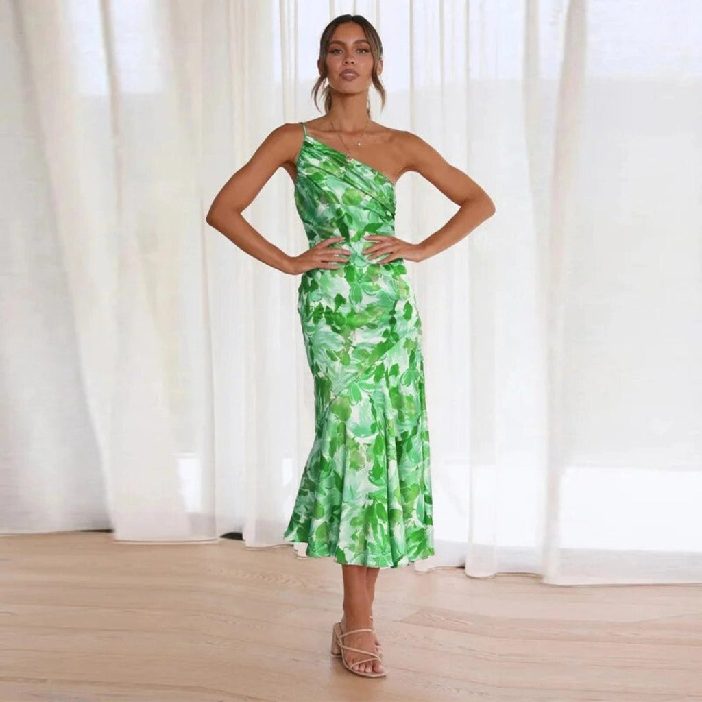 Women's Elegant Floral Maxi Dress with One Shoulder Design