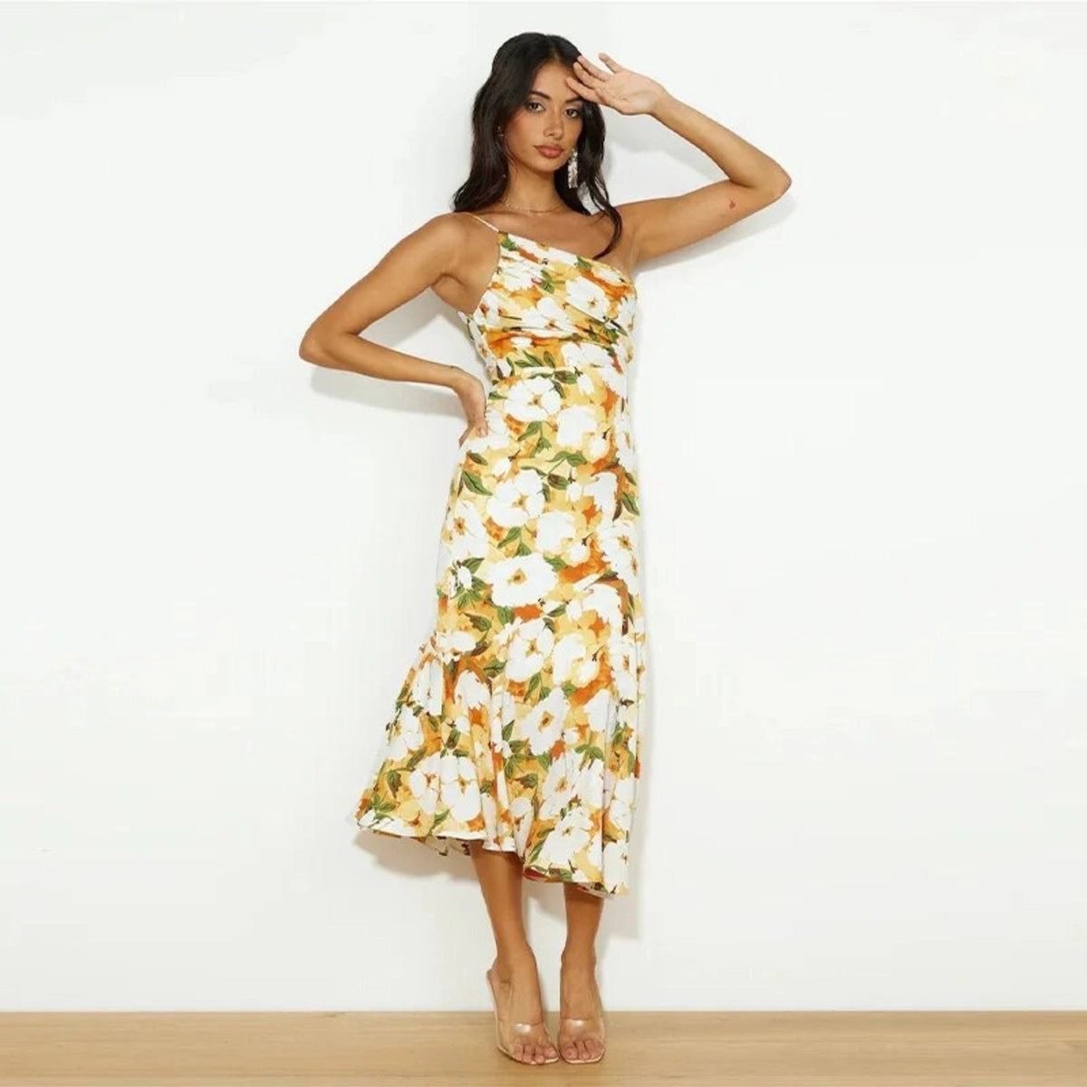 Women's Elegant Floral Maxi Dress with One Shoulder Design