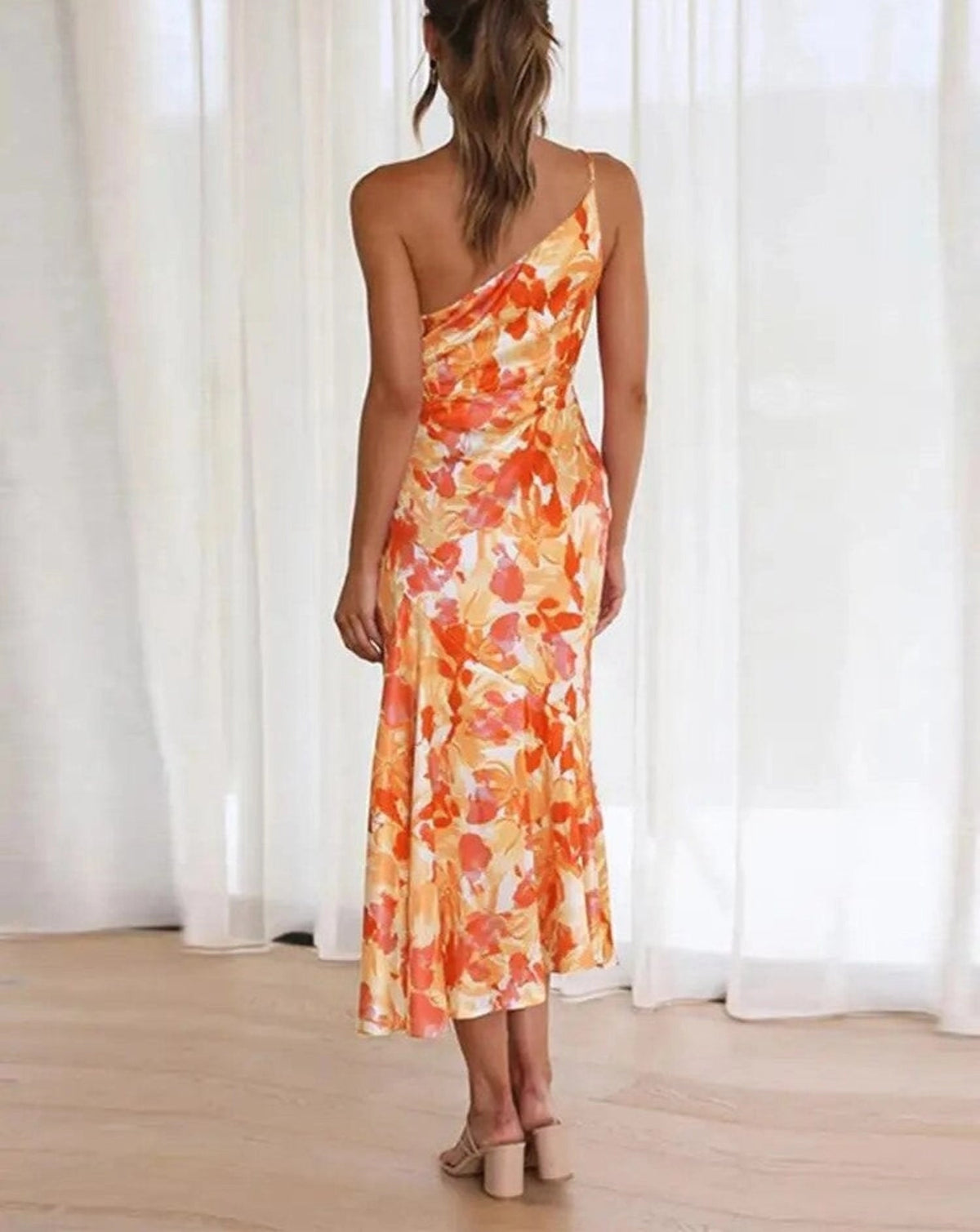 Women's Elegant Floral Maxi Dress with One Shoulder Design