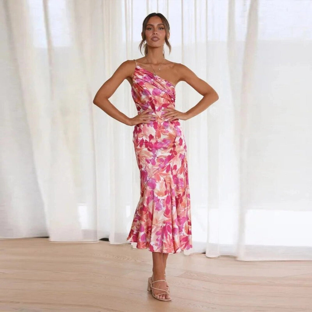 Women's Elegant Floral Maxi Dress with One Shoulder Design