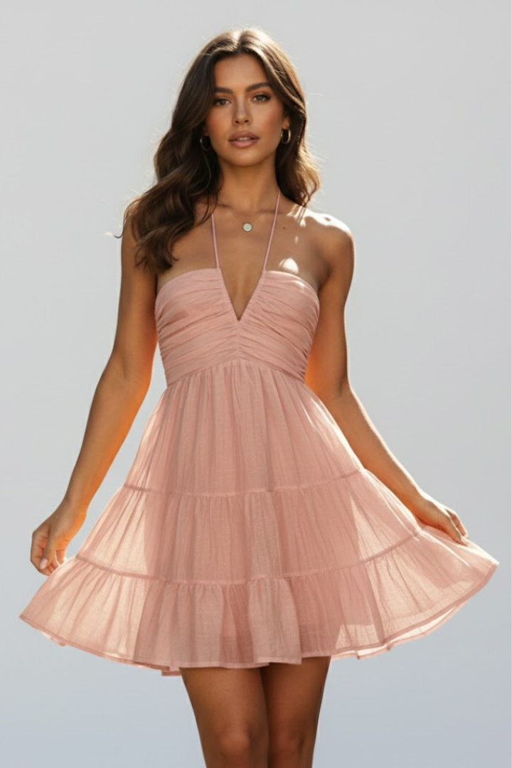 Women's Tiered Halter Neck Summer Party Mini Dress