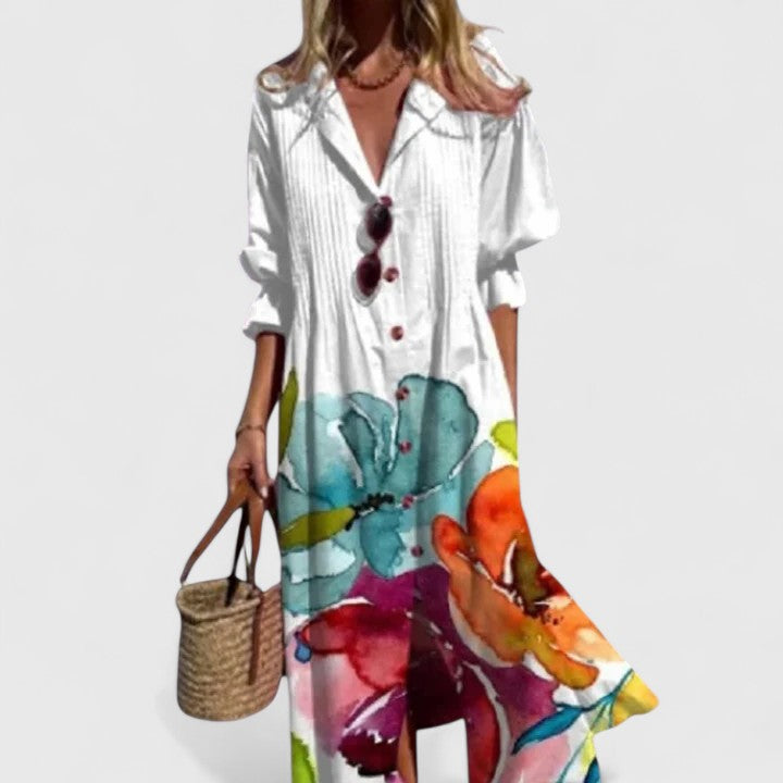 Women's Buttoned Front Floral Print Summer Midi Dress