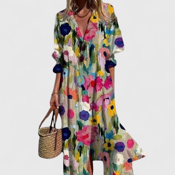 Women's Buttoned Front Floral Print Summer Midi Dress