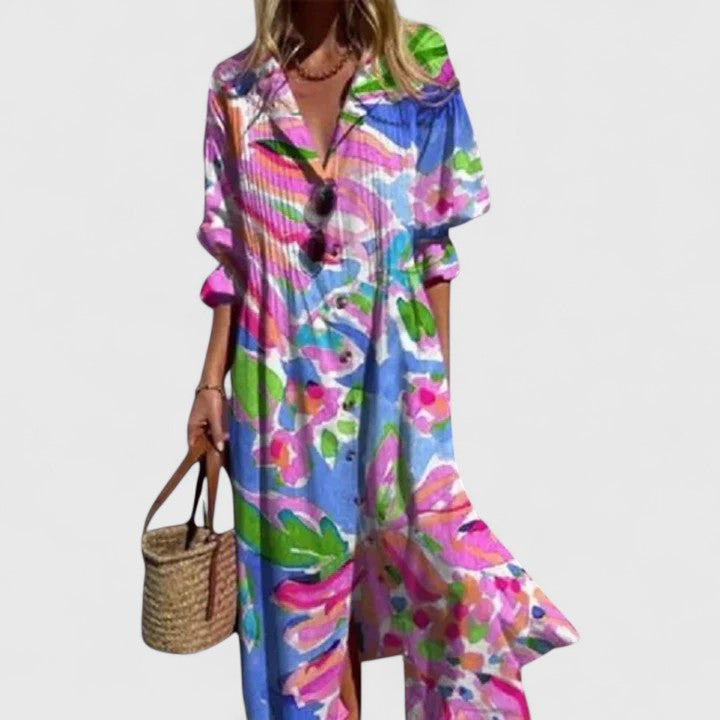 Women's Buttoned Front Floral Print Summer Midi Dress