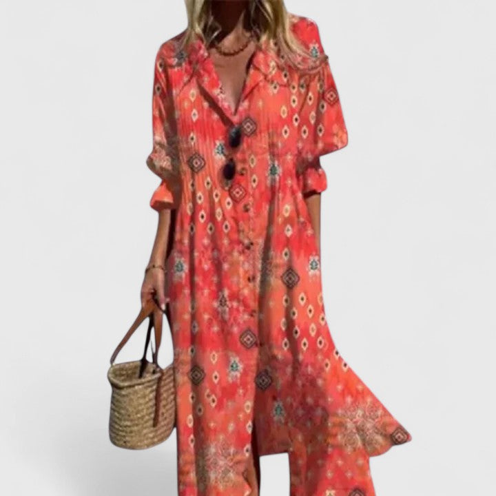 Women's Buttoned Front Floral Print Summer Midi Dress