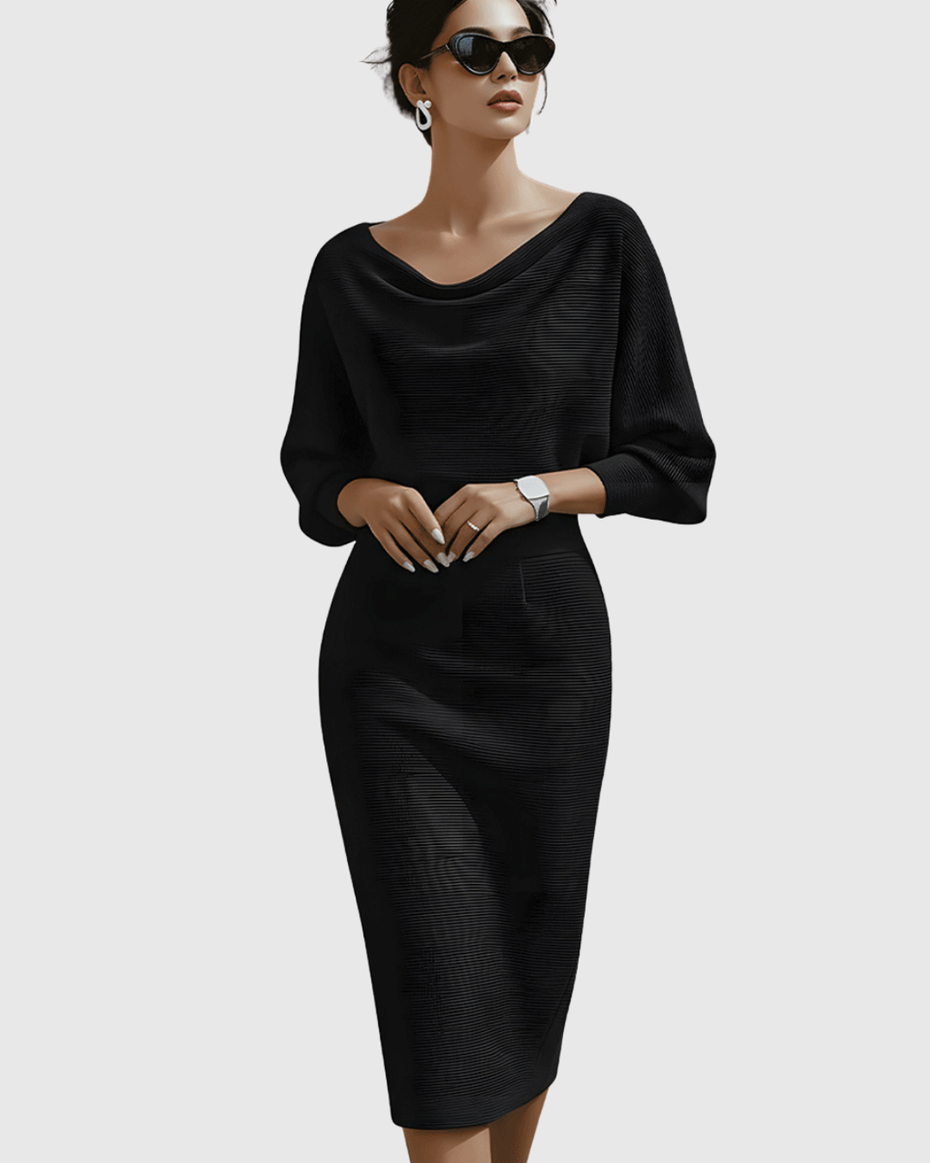 Women's Draped Silhouette Work Evening Knit Midi Dress