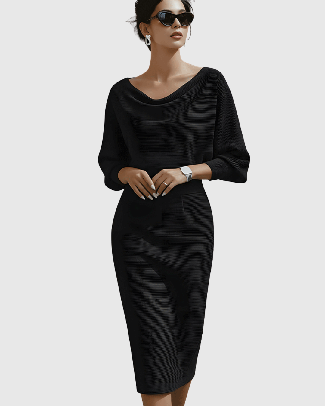 Women's Draped Silhouette Work Evening Knit Midi Dress