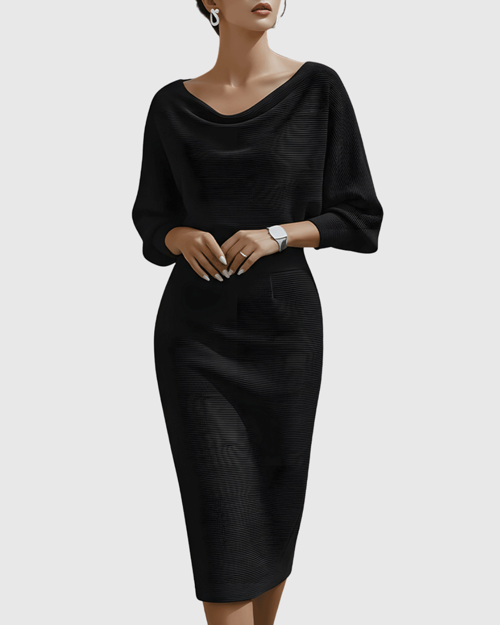 Women's Draped Silhouette Work Evening Knit Midi Dress