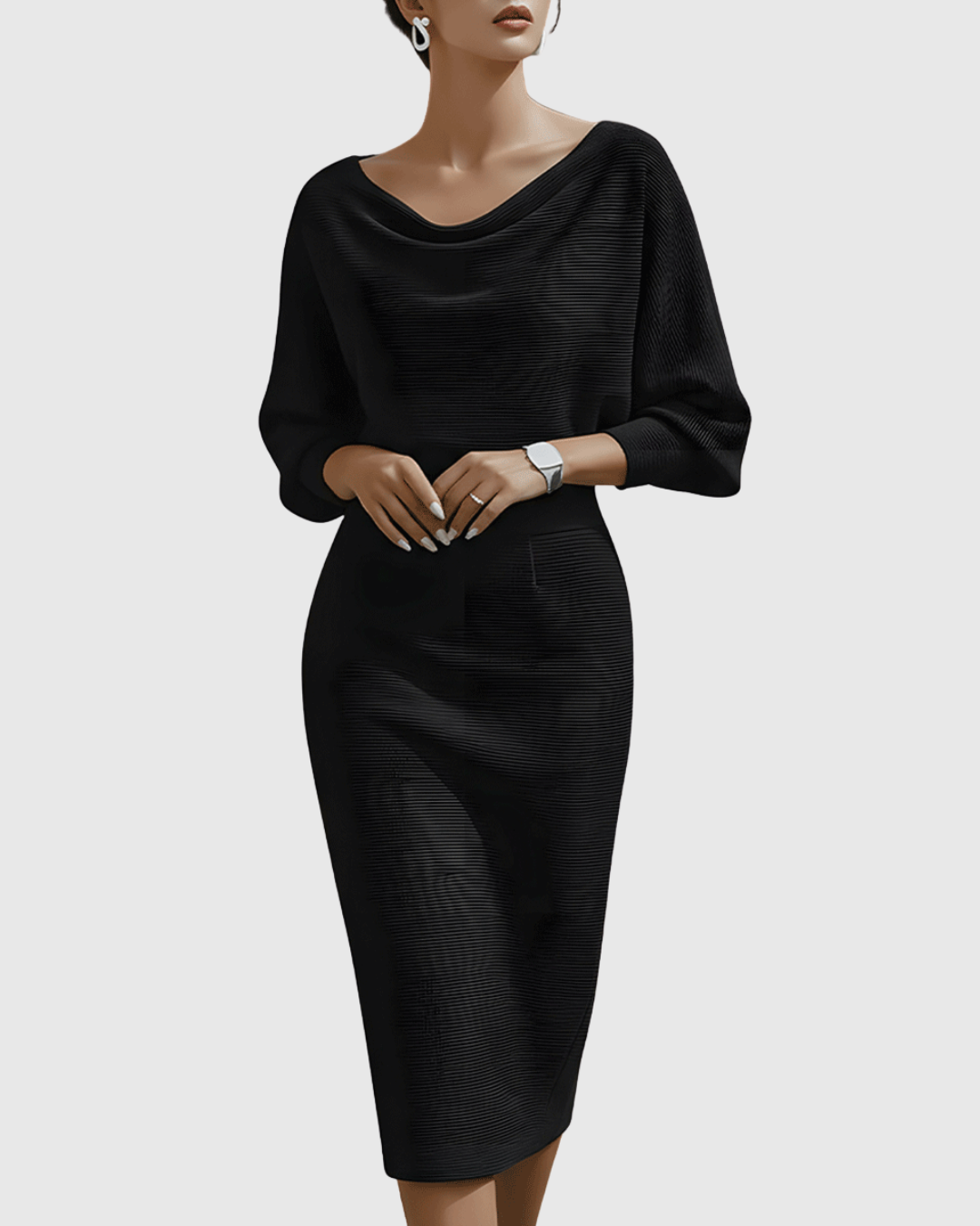 Women's Draped Silhouette Work Evening Knit Midi Dress