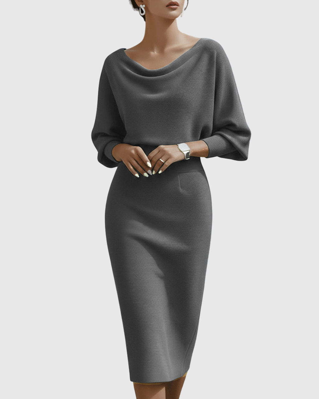 Women's Draped Silhouette Work Evening Knit Midi Dress