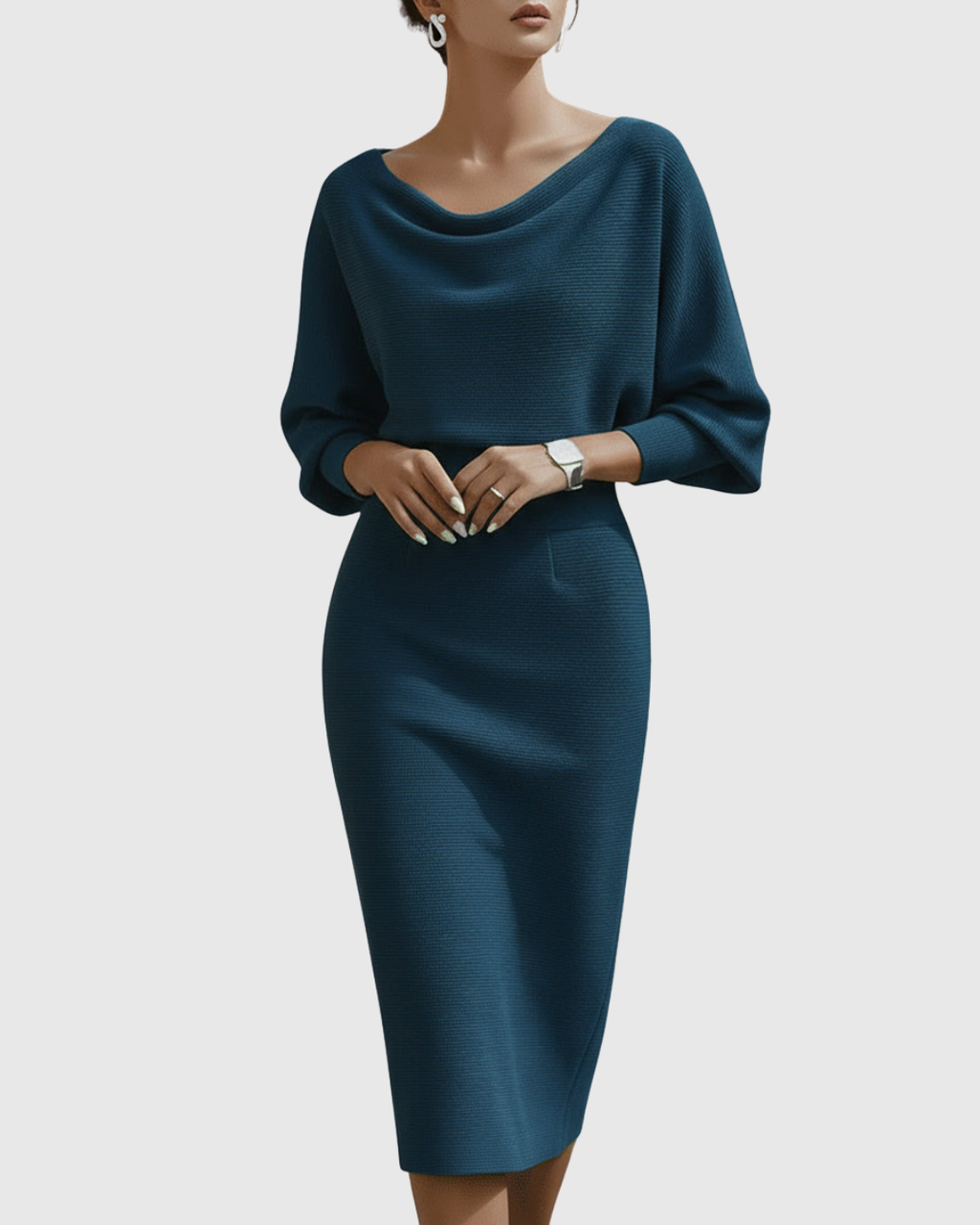 Women's Draped Silhouette Work Evening Knit Midi Dress