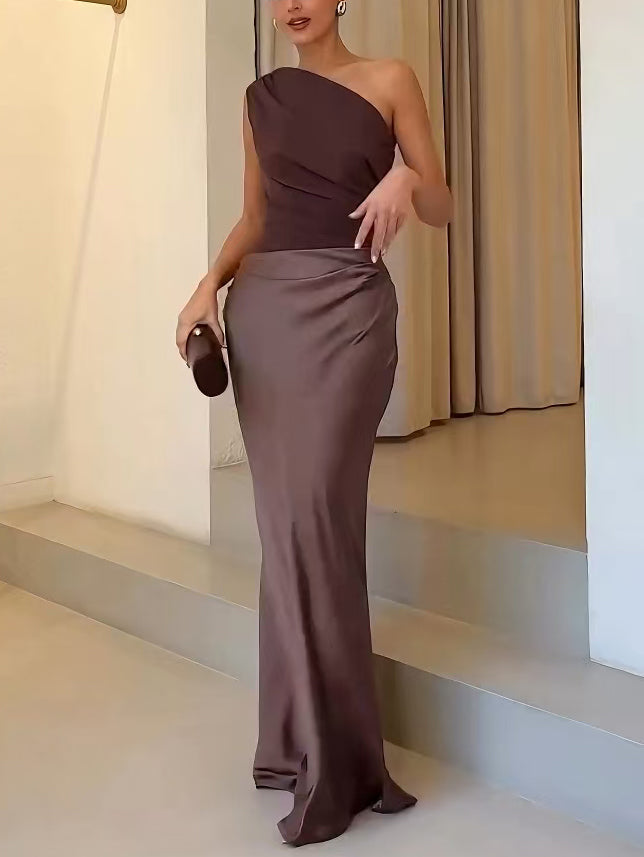 Women's Asymmetrical Neckline Cocktail Evening Maxi Dress