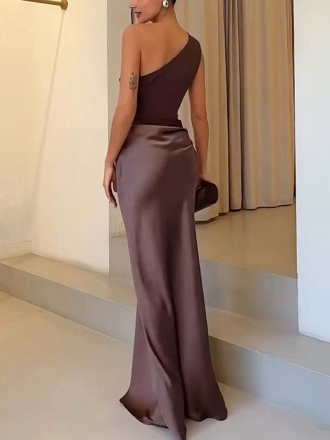 Women's Asymmetrical Neckline Cocktail Evening Maxi Dress